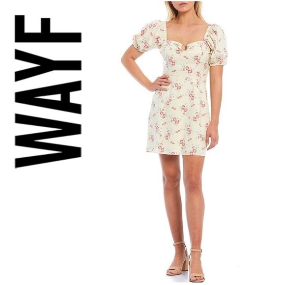 🆕️ NEW Women's Wayf Nikita Puff Sleeve Tie Back Mini dress, Size Medium Ivory - Picture 1 of 6